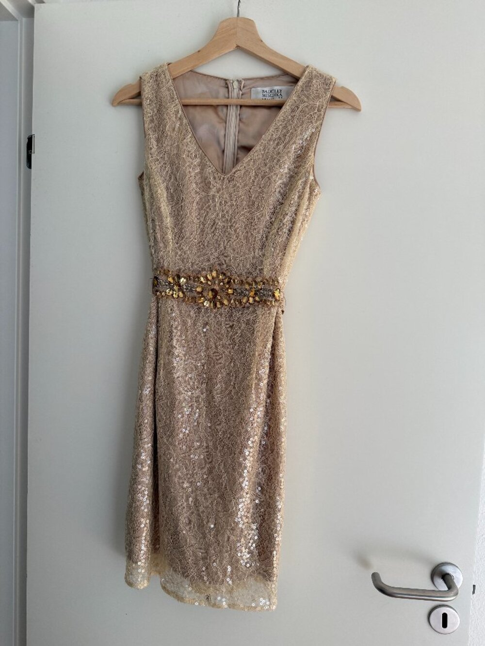 Badgley Mischka Collection Champagne Lace Sequin Dress with Jeweled Belt